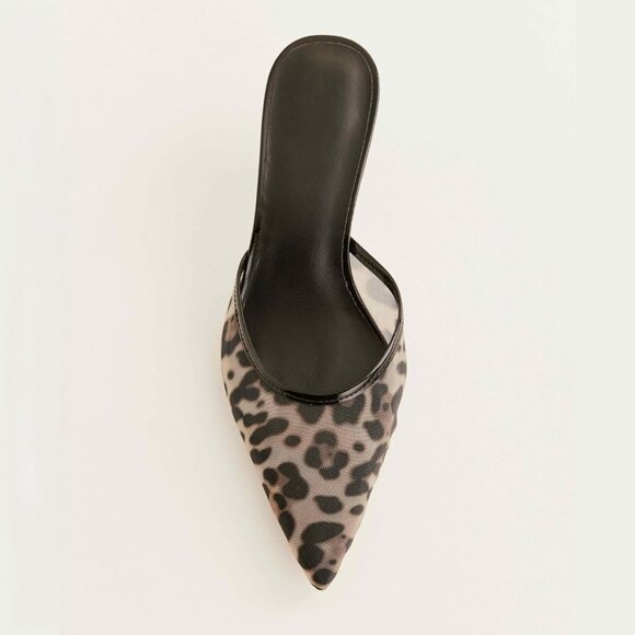 Caradise Women Leopard Mesh Mules Closed Pointed Toe Mesh Backless Kitten Heels - Picture 3 of 7